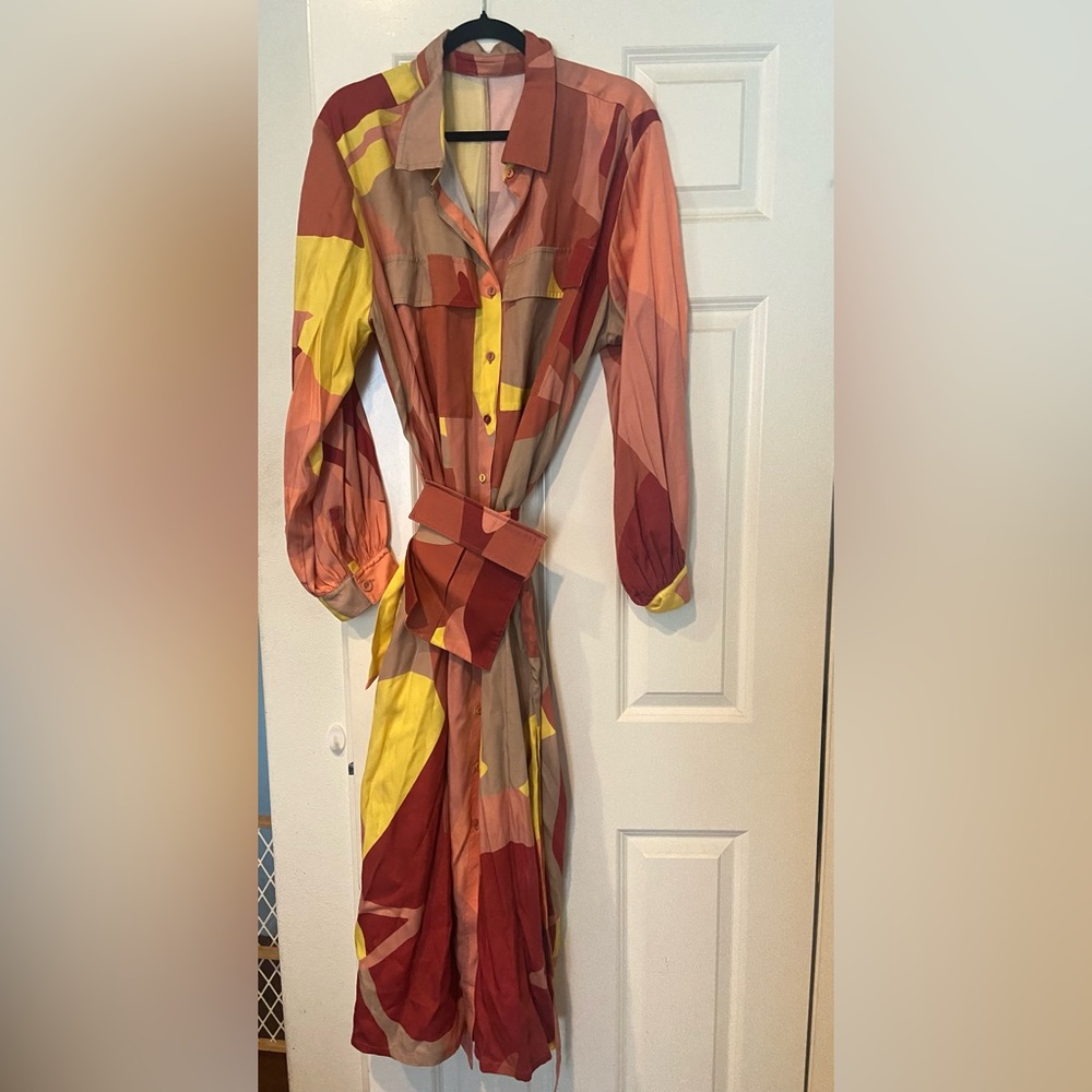 Abstract Print Long Sleeve Shirt Dress in Yellow & Rust